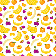 Vector pattern with peach, banana, plum isolated on white.