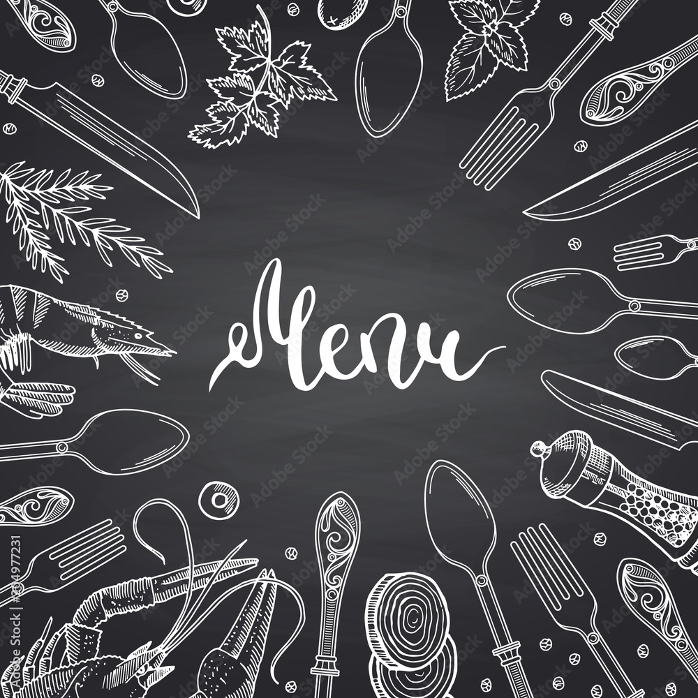 Poster vector menu background on black chalkboard illustration with hand drawn tableware and food elements,