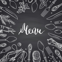Vector menu background on black chalkboard illustration with hand drawn tableware and food elements, spices with place for text in center