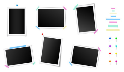 Creative vector illustration set of square photo frame with shadows isolated on background. Retro art design. Realistic mockups. Color adhesive tapes, push pins. Abstract concept graphic element