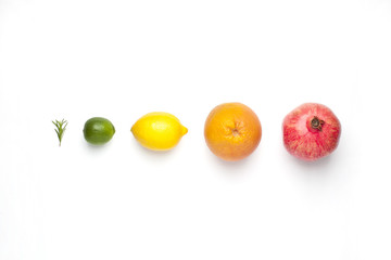 Colored of fruits on the white background. Top view.