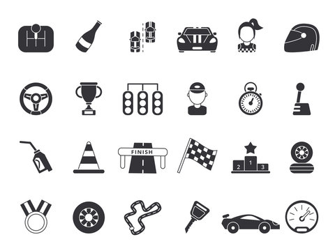 Monochrome pictures set of sport symbols for formula 1 and racing cars