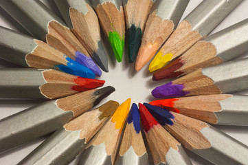 Close up macro shot of color pencil pile pencil nibs