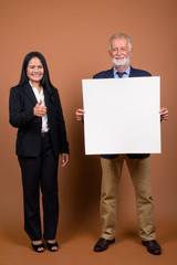 Mature multi-ethnic business couple against brown background