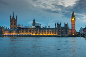 Fototapeta na wymiar Night photo of Houses of Parliament with Big Ben from Westminster bridge, London, England, Great Britain