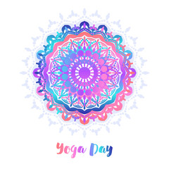 Yoga bright background. Template with mandala in acid color for banners, sites of spiritual development, posters.