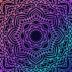 Yoga bright background. Template with a mandala in acid color on a dark substrate for banners, sites of spiritual development, posters.