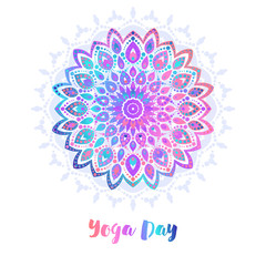 Yoga bright background. Template with mandala in acid color for banners, sites of spiritual development, posters.