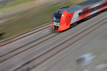 Red train on a railway