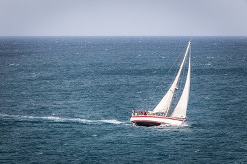 Sailing boat on the stormy Adriatic Sea at Istria in Croatia, Europe.