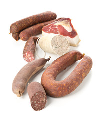 Assortment of german sausage specialties over white background
