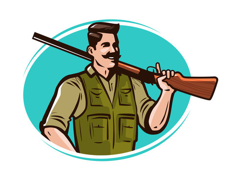 Hunter with gun on his shoulder. Hunting cartoon vector illustration