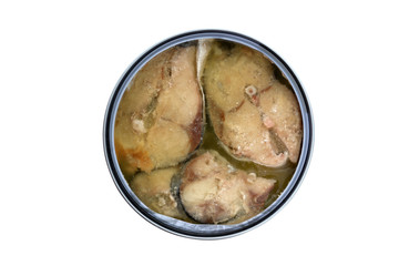 Canned fish from a close-up. Canned mackerel in an iron jar, top view.