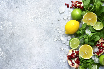 Food background with ingredients for making citrus lemonade.Top view with copy space.