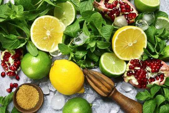 Food background with ingredients for making citrus lemonade.Top view .