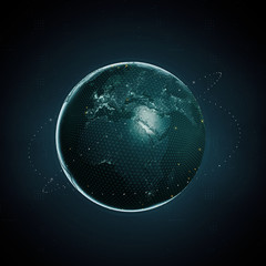 3d rendering of planet earth as digital image on dark background. Blockchain clobal crypto currency big data illustration