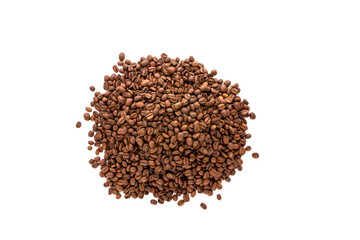 Coffee grains scattered over the surface. A bunch of roasted coffee beans close-up.