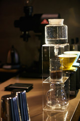 Glassware for brewing and making coffee in coffee shop bar. Pour over coffee in preparation