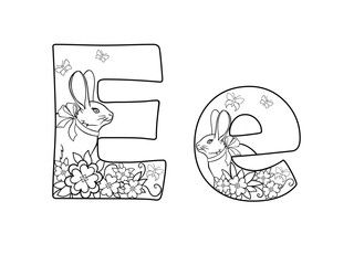 Letter. Alphabet. The letter "E" is decorated with a doodle with flowers, a rabbit and butterflies. Line drawing. For coloring. Spring Summer.