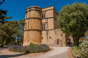 View of the Lourmarin Castle with lavender bush in front, near the village of Lourmarin. In the Vaucluse department, Provence-Alpes-Côte d'Azur region, southeastern France