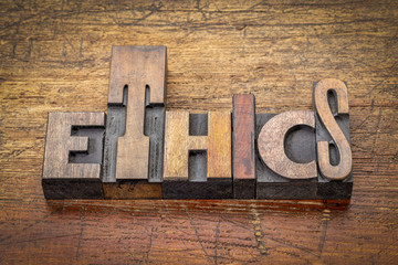 ethics word abstract in vintage wood type