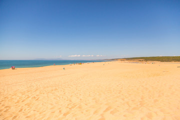 Beautiful ocean view from above on surfers going for the beach. Early morning ocean view in Portugal.