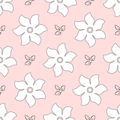 Repeated simple flowers and outlines of leaves. Cute floral seamless pattern for girls. Endless girlish print.