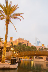 Aerial view of the aquapark in Dubai in evening time