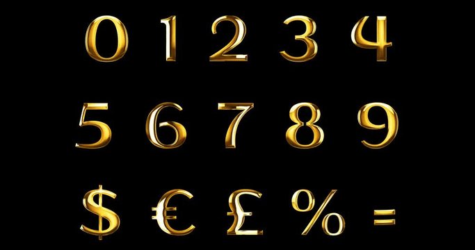 vintage yellow gold metallic numeric letters word text series with dollar, percent, symbol sign on black background, concept of golden luxury number decoration text