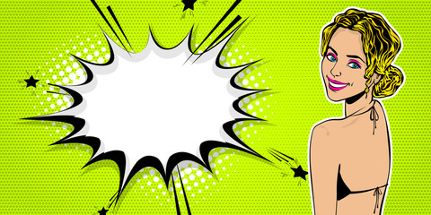 Elegance pop art woman swimsuit look back. Blonde smiling girl wow face hello summer. Comic text speech bubble vector illustration. Party poster advertisement. Halftone vintage cartoon style © Kapitosh