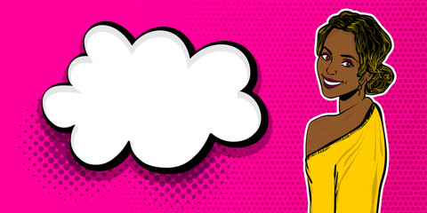 Elegance pop art woman wow face look back. Black sporty happy african girl. Comic text speech bubble vector illustration. Summer party poster advertisement. Retro vintage cartoon style.