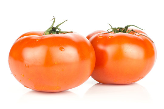 Two Red Tomato With Vine Ends Isolated On White Background Fresh.