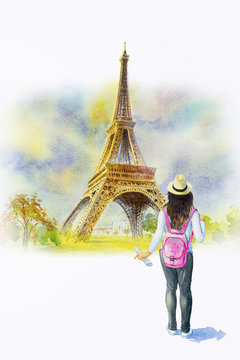 France, Eiffel tower and woman tourist, watercolor painting