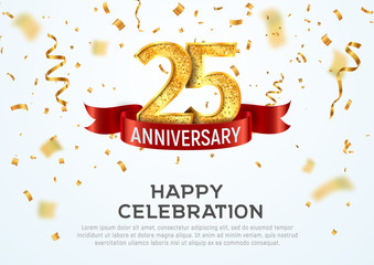 25 years anniversary vector banner template. Twenty five year jubilee with red ribbon and confetti on white background