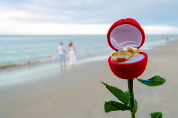 Alliance box rose shaped, open with wedding rings in the foreground, in blurred background a couple walking in the beach sand.