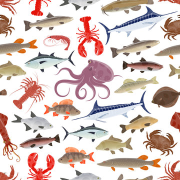 Fish and seafood seamless pattern background