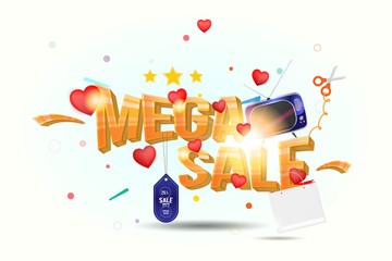 Mega sale of 25%. The concept for big discounts with voluminous text, a retro TV and red hearts on a light background with light effects. Flat vector illustration EPS10