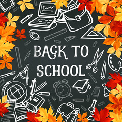 Back to school supplies poster with frame of leaf