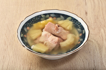 Steamed chicken with bitter melon and pineapple soup  is a popular food in Taiwan     