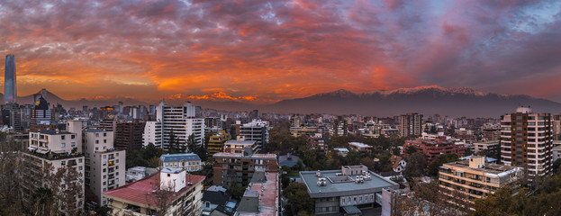 Sunset over Santiago de Chile city, an amazing and colorful skyline