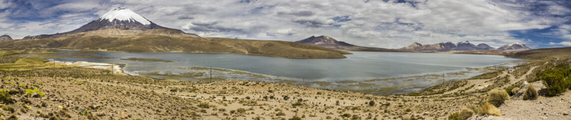 Chungara Lake, dominated by Parinacota Volcano. A panoramic view of the chilean 