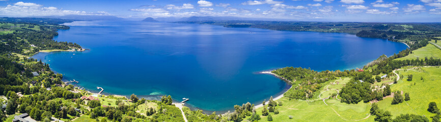 Rupanco Lake, one of the Great lakes in Southern Chile with an amazing view over Osorno and Puntiagudo Volcanoes