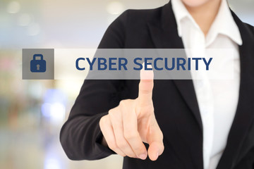 Businesswoman hand touching cyber security device screen over blur background, banner, cyber security concept