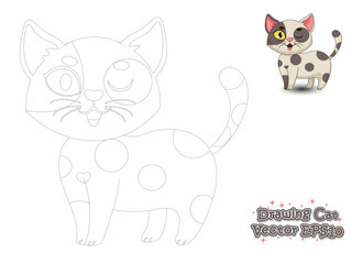 Drawing and Paint Cute Cartoon Cat. Educational Game for Kids. Vector Illustration.