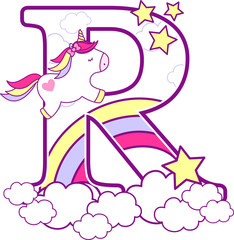 initial r with cute unicorn and rainbow. can be used for baby birth announcements, nursery decoration, party theme or birthday invitation. Design for baby and children © Sergio Hayashi