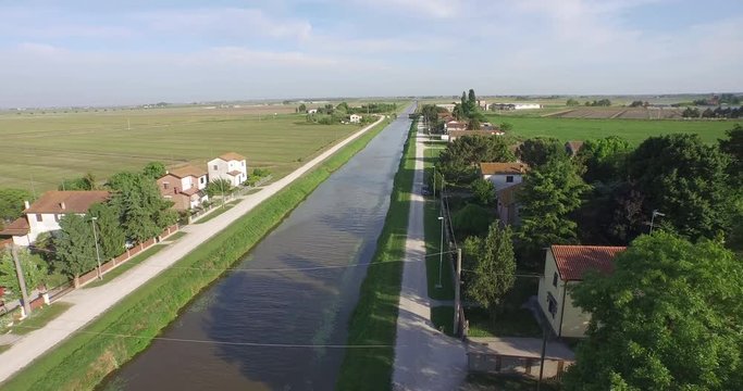 Pan right aerial, village on Po River