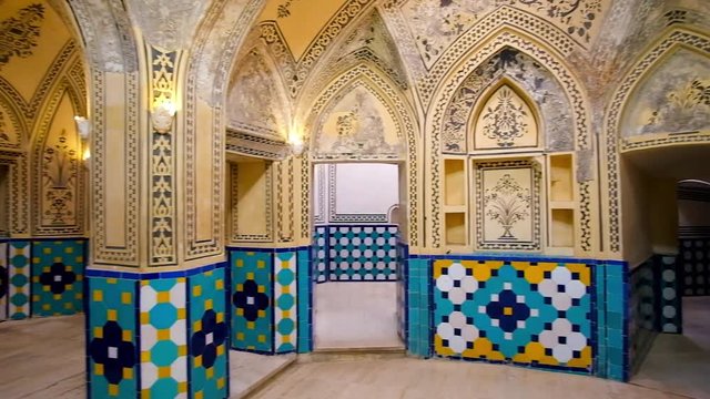 The intricate decoration of medieval hall in Sultan Amir Ahmad Bathhouse, Kashan, Iran