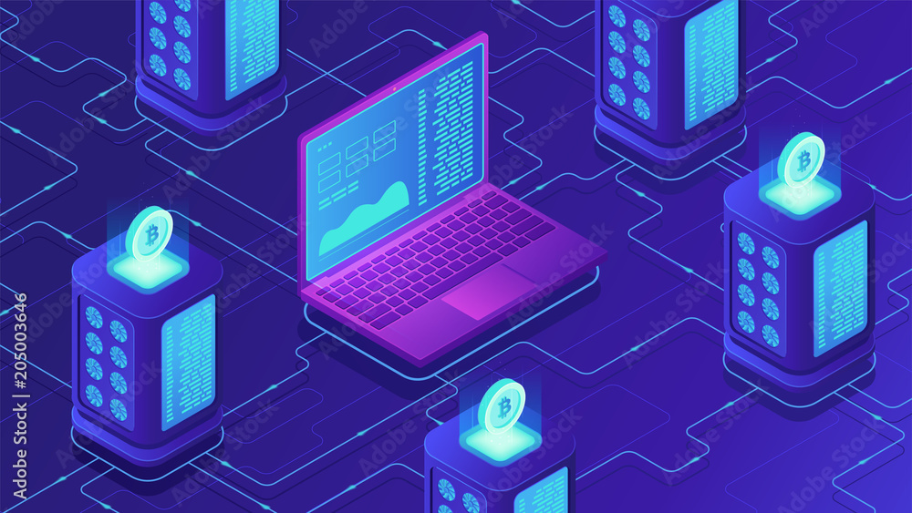 Aufkleber isometric mining farm concept. bitcoin mining farm, cryptocurrency mining concept. blockchain server