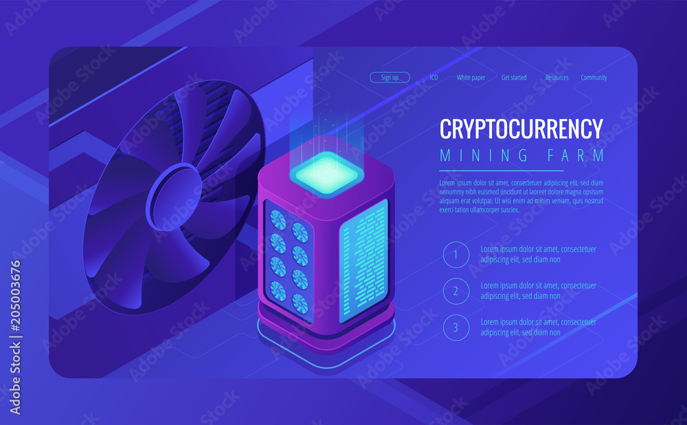 Poster isometric mining farm landing page concept. blockchain server mining farm, cryptocurrency mining con