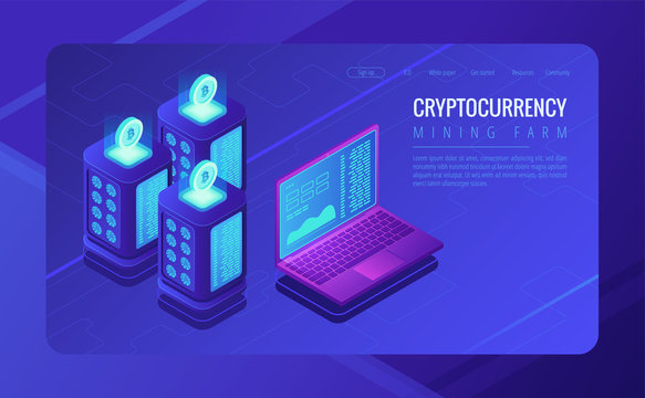 Isometric mining farm landing page concept. Bitcoin mining farm, cryptocurrency mining concept. Blockchain server room racks and laptop on ultraviolet background. Vector 3d isometric illustration